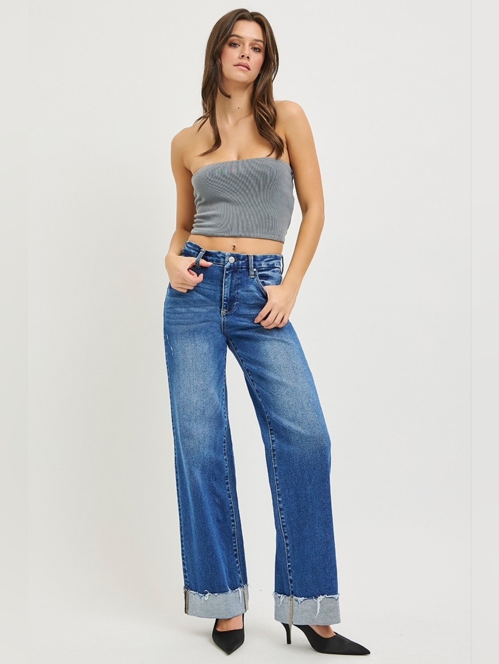 RISEN High Rise Medium Wash Wide Leg Denim Jeans Cuffed Raw Hems Various NEW